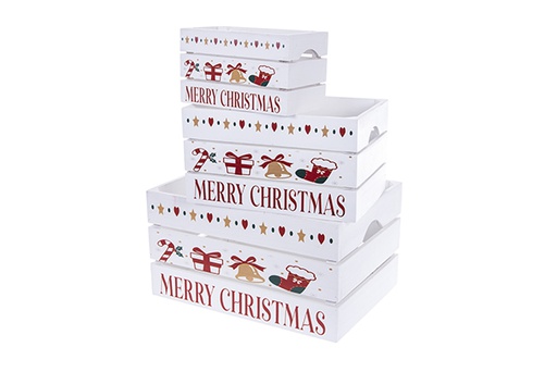 [123520] Lot de 3 boîtes cadeaux en bois blanc et cloche de Noël décorée 37x27x20 cm