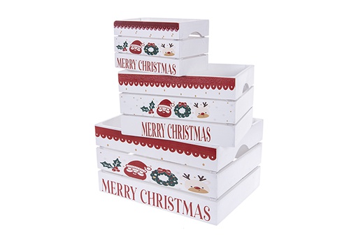[123521] Juego 3 cajas madera blanca Papa Noel y reno decorada Navidad 37x27x20 cm