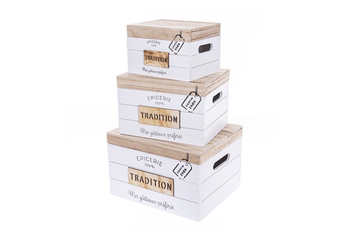 [123522] Conjunto de 3 caixas de madeira brancas com tampa TRADITION decoradas Natal 30x25x19 cm