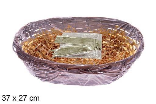 [123670] Oval mahogany basket with straw and cellophane 37x27 cm