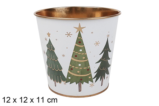 [123699] Cube pot de fleurs en métal décoré sapins de Noël assortis 12x12x11 cm
