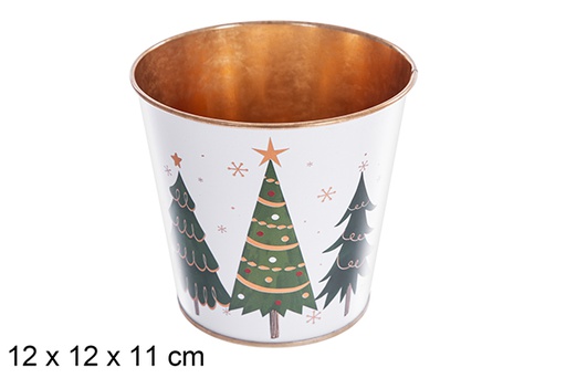 [123699] Cube pot de fleurs en métal décoré sapins de Noël assortis 12x12x11 cm