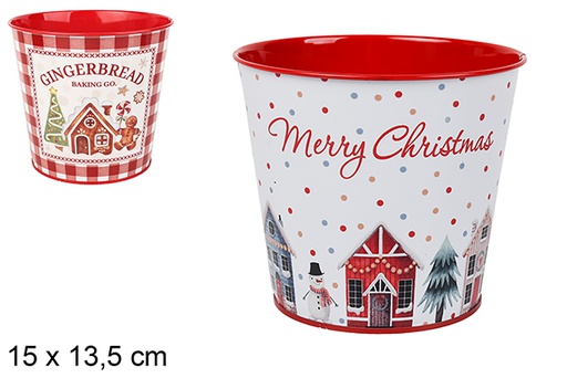 [123700] Cubo macetero metal decorado Casita navidad surtido 15x13.5 cm