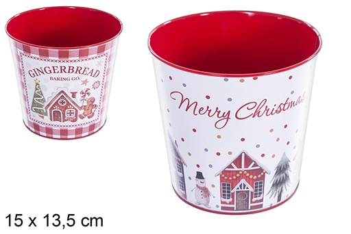 [123700] Decorated metal planter cube Christmas house design, assorted 15x13.5 cm