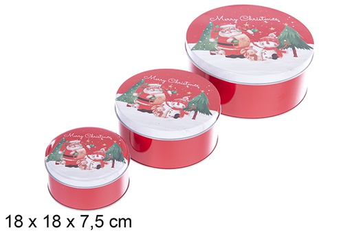 [123704] Set 3 Round Metal Boxes Decorated with Santa Claus for Christmas 18x18x7.5 cm