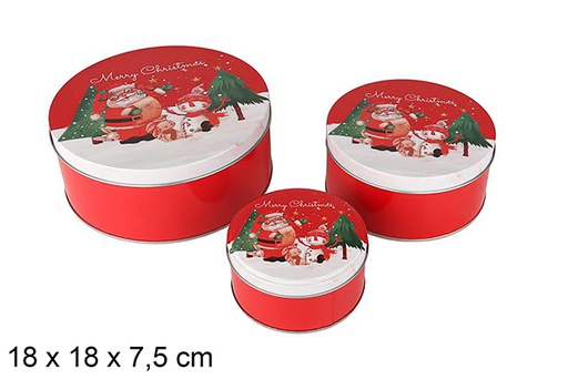 [123704] Set 3 Round Metal Boxes Decorated with Santa Claus for Christmas 18x18x7.5 cm