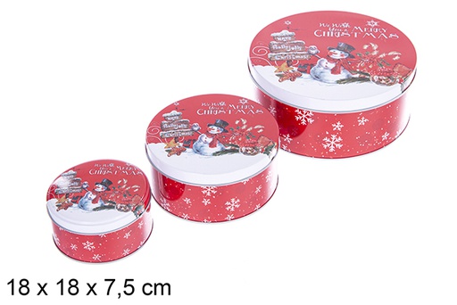 [123705] Set 3 boîtes rondes en métal décorées de bonhommes de neige pour Noël, 18x18x7.5 cm