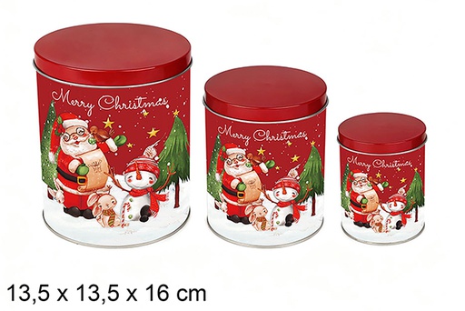 [123706] Set 3 potes redondos de metal decorados com Papai Noel para o Natal, 13.5x13.5x16 cm 