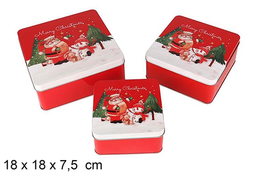[123708] Juego 3 Cajas metal cuadrada decorada Papa noel Navidad 18x18x7.5 cm