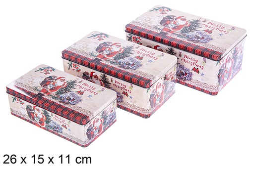 [123710] Juego 3 Cajas metal rectangular decorada Papa noel Navidad 26x15x11 cm