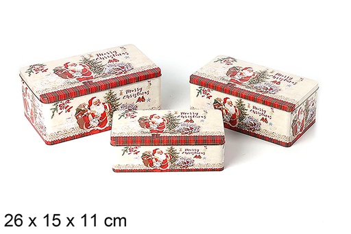 [123710] Juego 3 Cajas metal rectangular decorada Papa noel Navidad 26x15x11 cm
