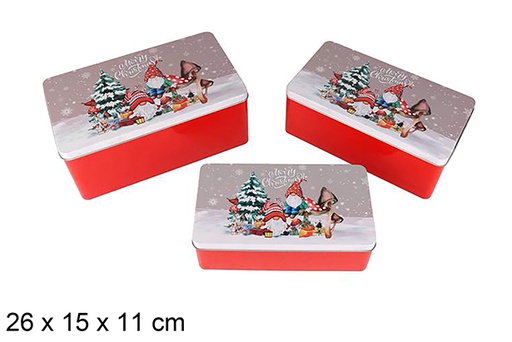[123711] Set 3 boîtes rectangulaires en métal décorées d'un bonhomme de neige de Noël, 26 x 15 x 11 cm