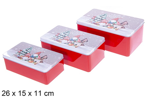 [123711] Set 3 rectangular metal boxes decorated with Christmas gnomes, 26x15x11 cm