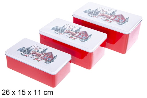 [123712] Juego 3 Cajas metal rectangular decorada Reno Navidad 26x15x11 cm
