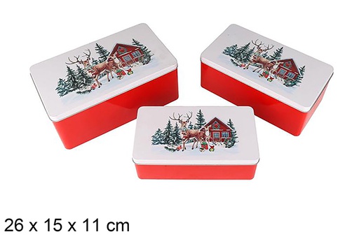 [123712] Set 3 boîtes rectangulaires en métal décorées d'un renne de Noël, 26 x 15 x 11 cm