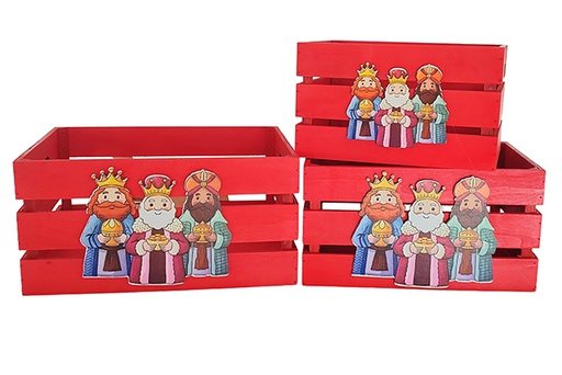 [123727] Pack 3 cajas madera roja decorada reyes magos 32x24.5x16 cm
