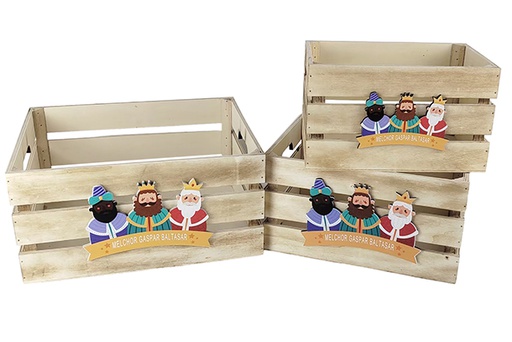 [123731] Pack 3 cajas madera natural decorada reyes magos adoración 32x24.5x16 cm