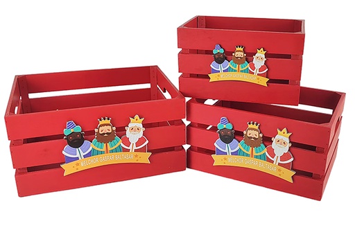 [123739] Pack 3 boîtes en bois rouge décorées avec des motifs de Rois mages, 32 x 24,5 x 16 cm