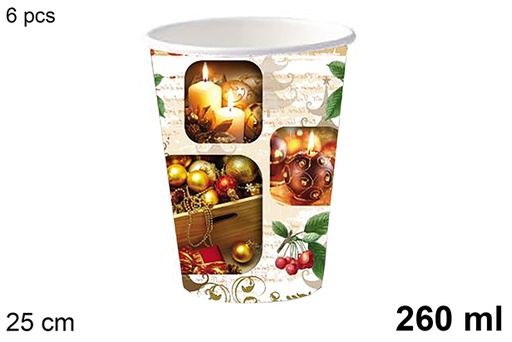 [123755] Pack 6 decorated paper cups with Christmas balls, 260 ml
