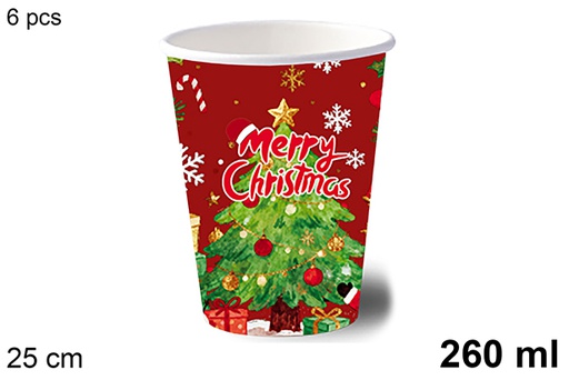 [123758] Pack 6 copos de papel decorados com uma árvore de Natal em fundo vermelho, 260 ml