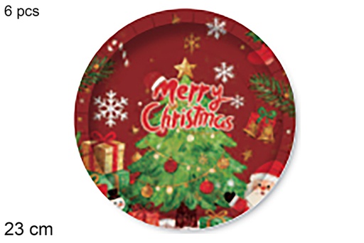 [123770] Pack 6 piatti di carta decorati con un albero di Natale su sfondo rosso 23 cm
