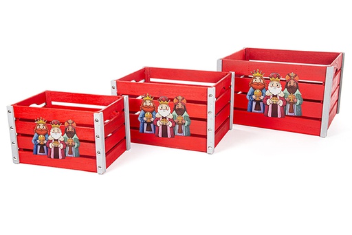 [123774] Pack 3 decorated red wooden boxes with Three Kings adoration 46x36x27 cm