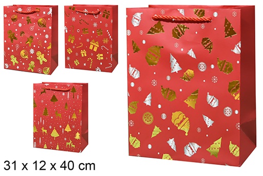 [123907] Red Christmas gift bag with gold decoration 31x12x40 cm (L)