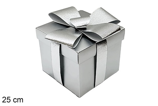[123936] Caixa de presente de Natal prateada com fita, 25 cm