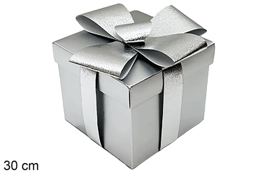 [123941] Scatola regalo natalizia argentata con nastro, 30 cm