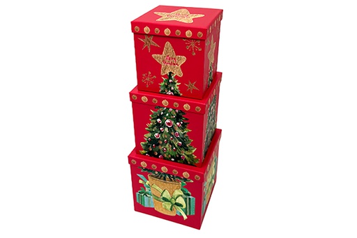 [123972] Pack 3 cajas cartón Navidad decorada 18x18x18 cm