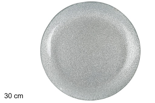 [100793] Silver round glass Christmas tray 30 cm