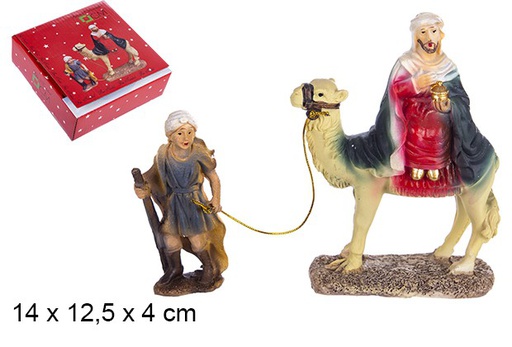 [103395] Figura in resina Presepe Gaspare con cammello e paggio in resina 14 cm