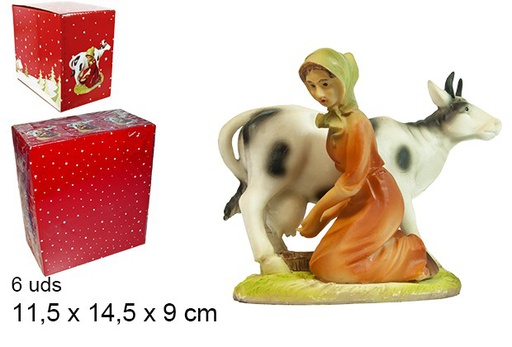 [103444] Resin shepherdess milking big cow 11,5 cm