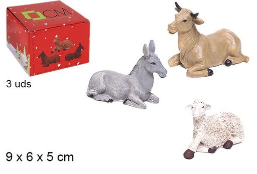 [103449] Pack 3 animales: burro, vaca, oveja 9 cm