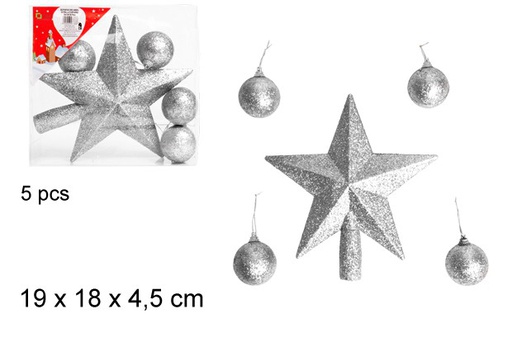[103691] Ponta da árvore estrelada + 4 bolas de glitter prateadas