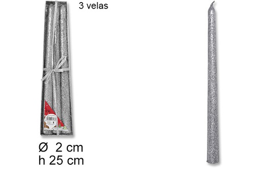 [103778] Pack 3 smooth silver glitter candles 25 cm