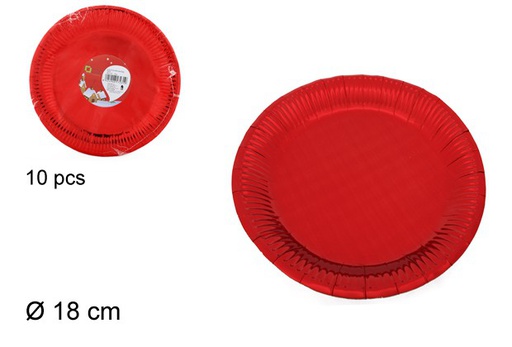 [103793] Pack 10 assiettes plates en carton de Noël rouge 18 cm