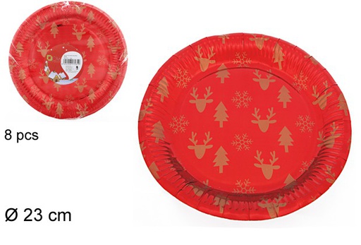 [103803] Pack 10 assiettes en carton rouges décorées de Noël 23 cm