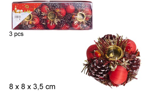 [103961] Pack 3 bougeoir de Noël rouge avec pomme de pin 8 cm