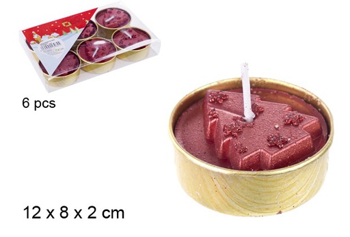 [103984] Pack 6 velas vermelhas decoradas com árvore de Natal 12 cm