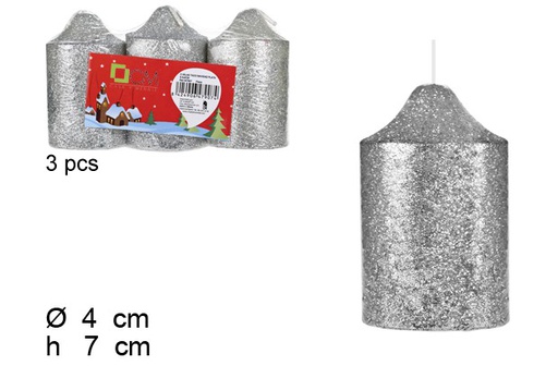 [104039] Pack 3 bougies tacos de Noël argentées 4x7 cm