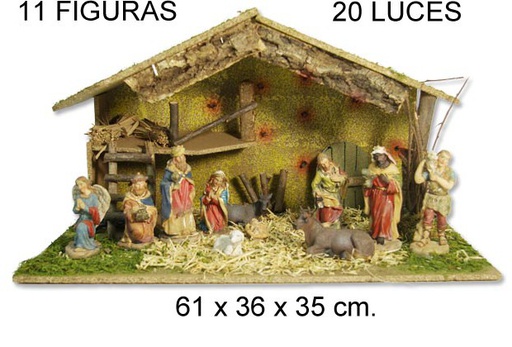 [104370] Portal de Belém com 11 figuras e 20 luzinhas 61x36 cm