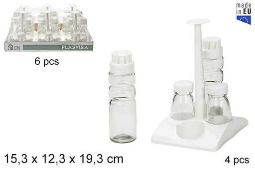 [021120] Pack 4 aceiteras con saleros de vidrio en base cuadrada blanca