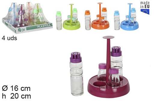 [052056] Pack 4 glass oilcans and salt shakers on round assorted colors base
